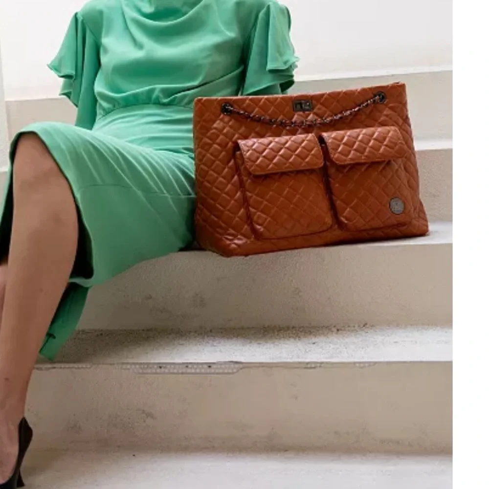 Badgley Mischka Diana Quilted Faux Leather Travel Tote Chain Shoulder Bag purse